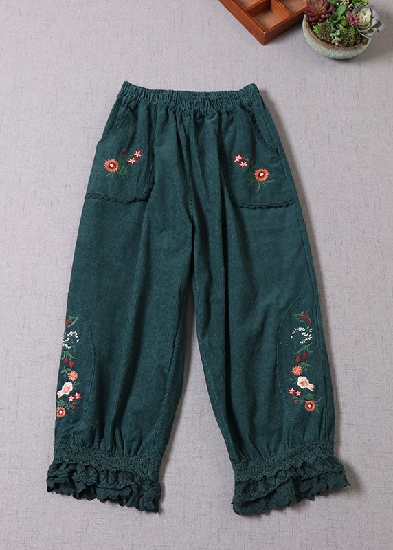 Natural Green Embroideried Lace Patchwork Corduroy Pants Winter CK2658- Fabulory