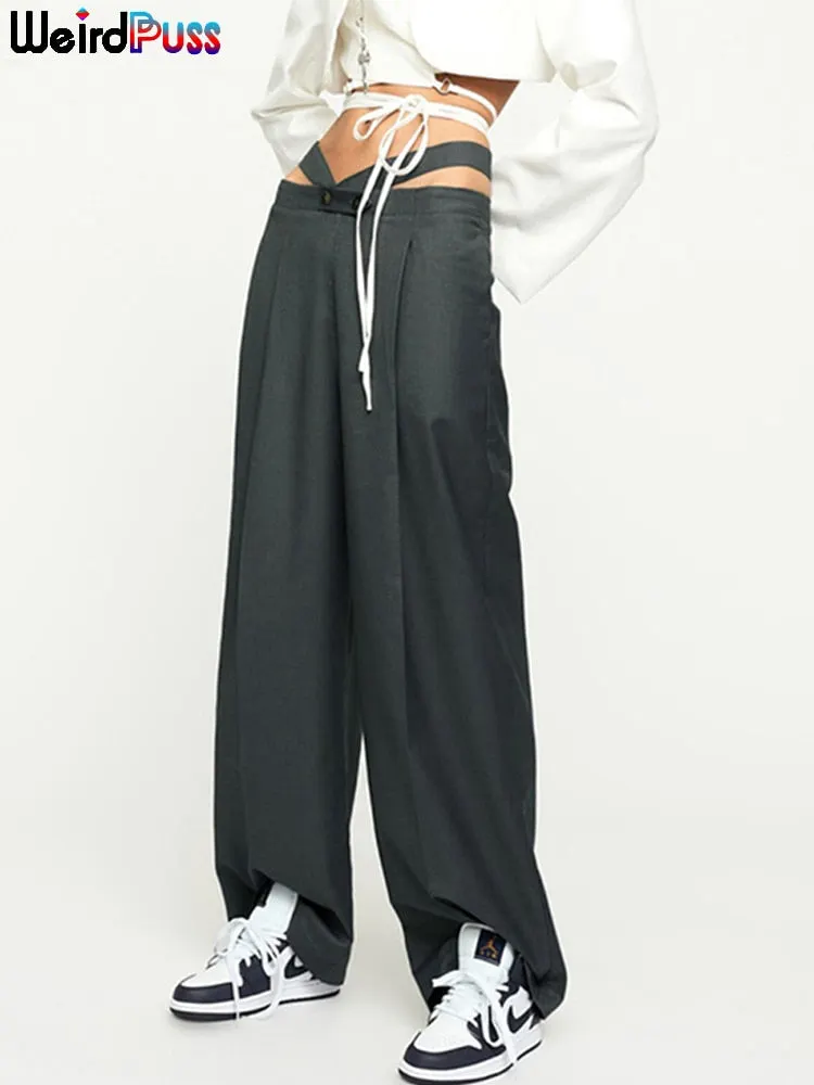 Weird Puss Y2K Wide Pants Women Cut Belt Fall Trend Hip Hop Button Trousers Baggy Wild Streetwear Bottom Casual Sporty Joggers