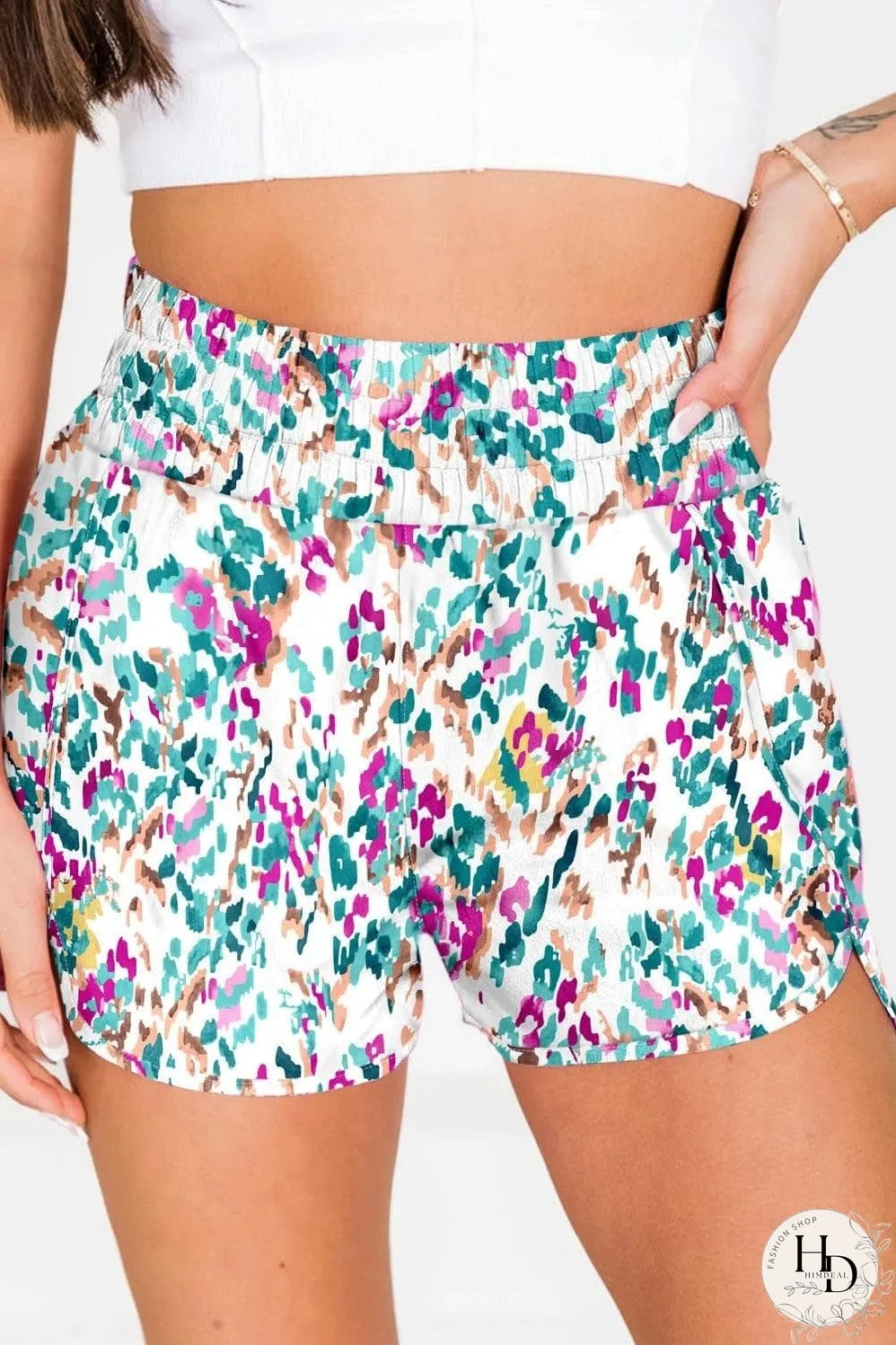 Light Blue Leopard High Waisted Athletic Shorts
