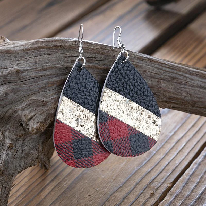 Color Block Sequin Plaid Leather Earrings
