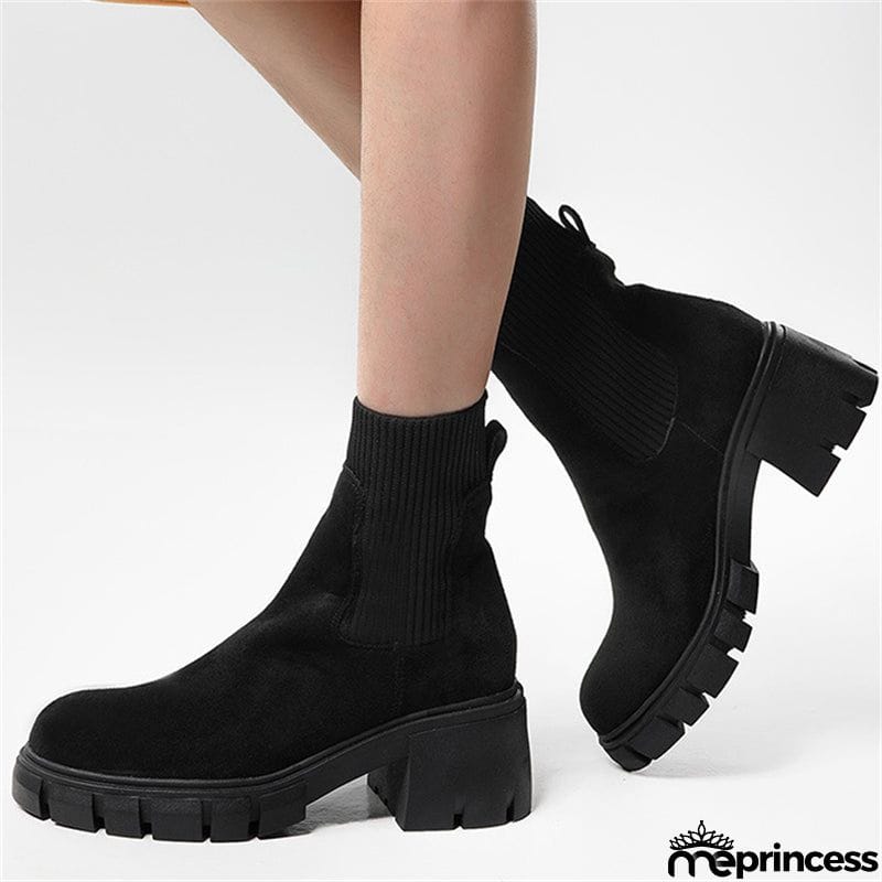Winter Daily Women Chunky Heels Suede Chelsea Martin Boots