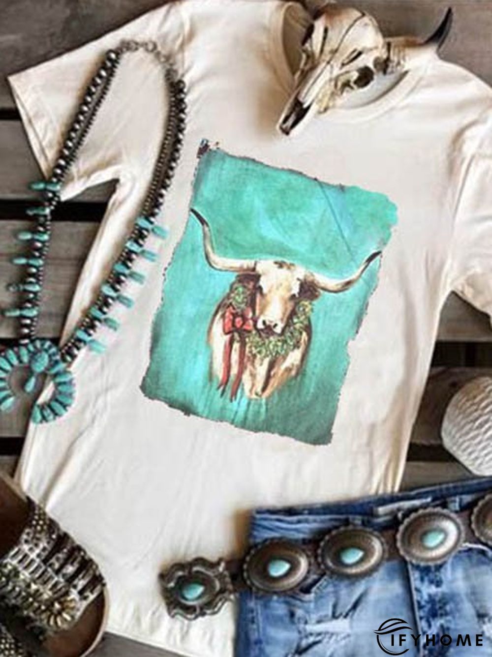 Cotton Loose Crew Neck Abstract T-Shirts | IFYHOME