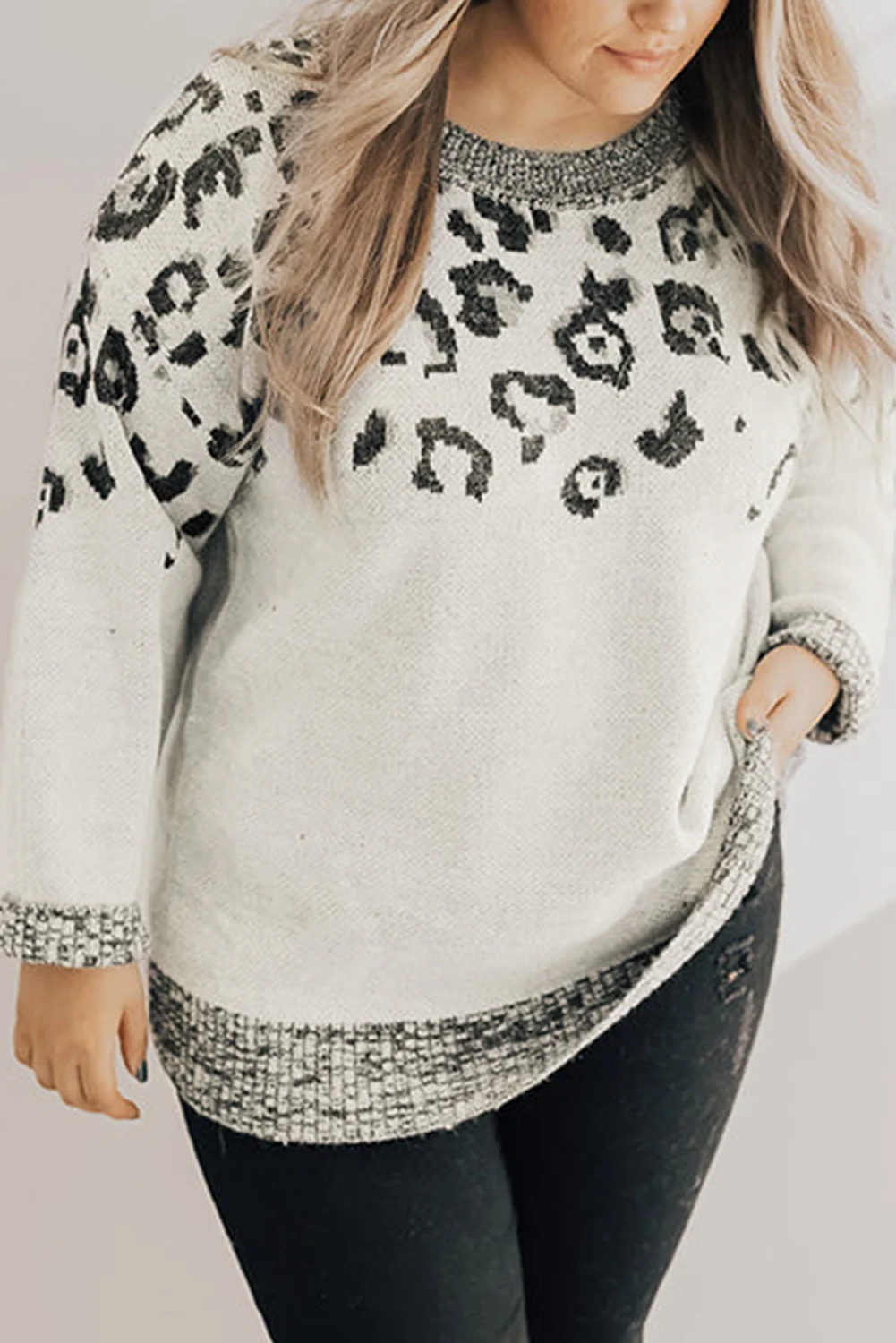 Gray Leopard Knitted O-neck Plus Size Sweater | IFYHOME