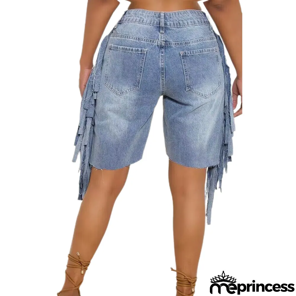 Summer Denim Stretch Pants Tassel Denim Stretch Knee-Length Shorts