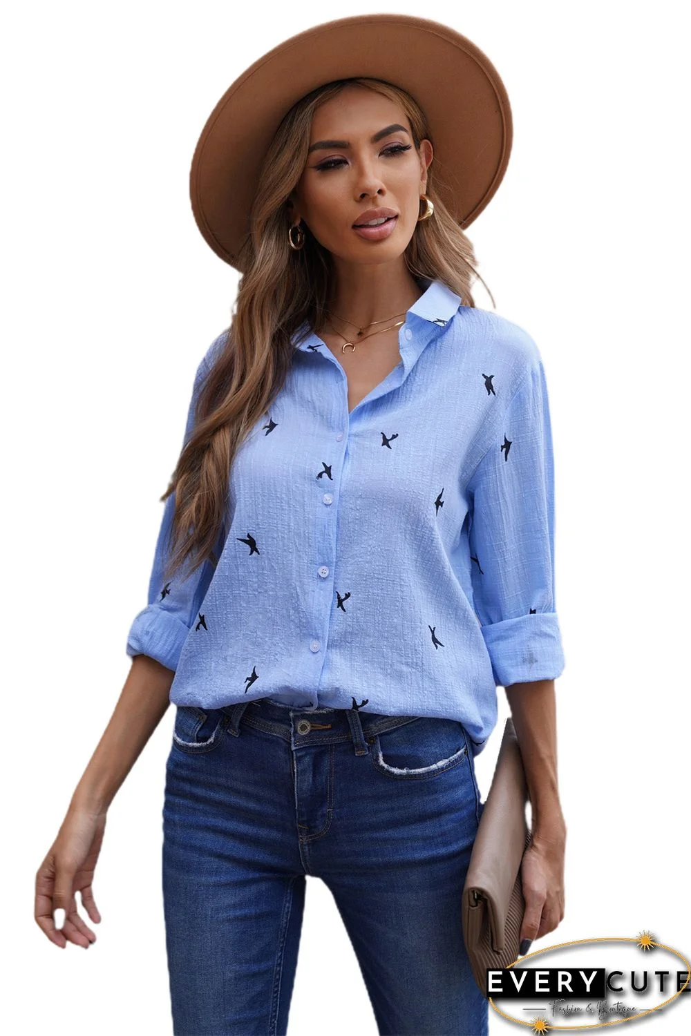 Sky Blue Bird Print Buttoned Shirt