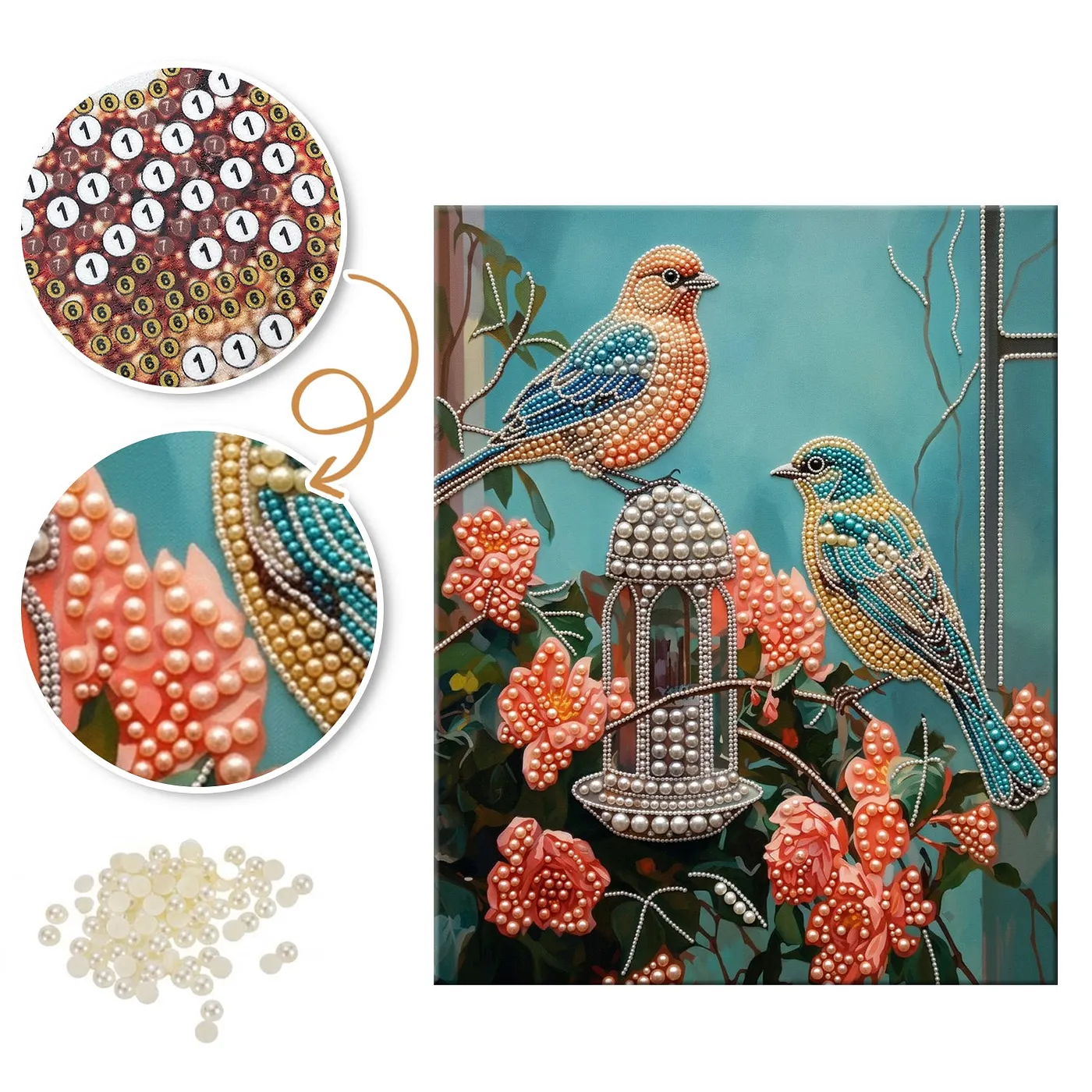 Hanging Birdcage Birds - Pearls Painting