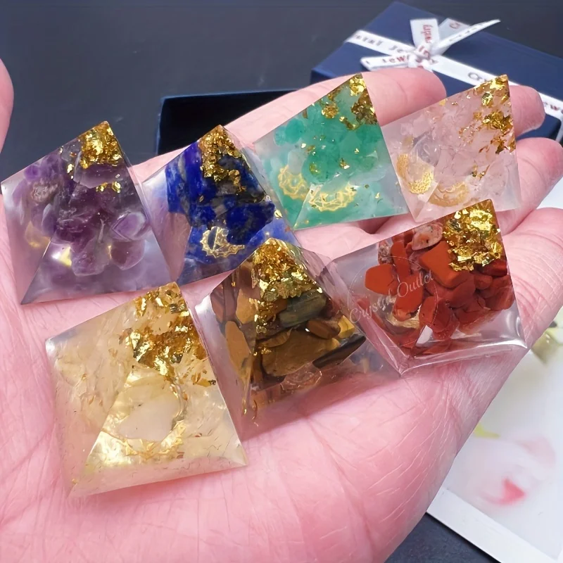 Chakra Balancing Orgone Pyramid Collection: 7 Natural Crystals for Healing, Meditation & Decor, Elegant Gift Box Included