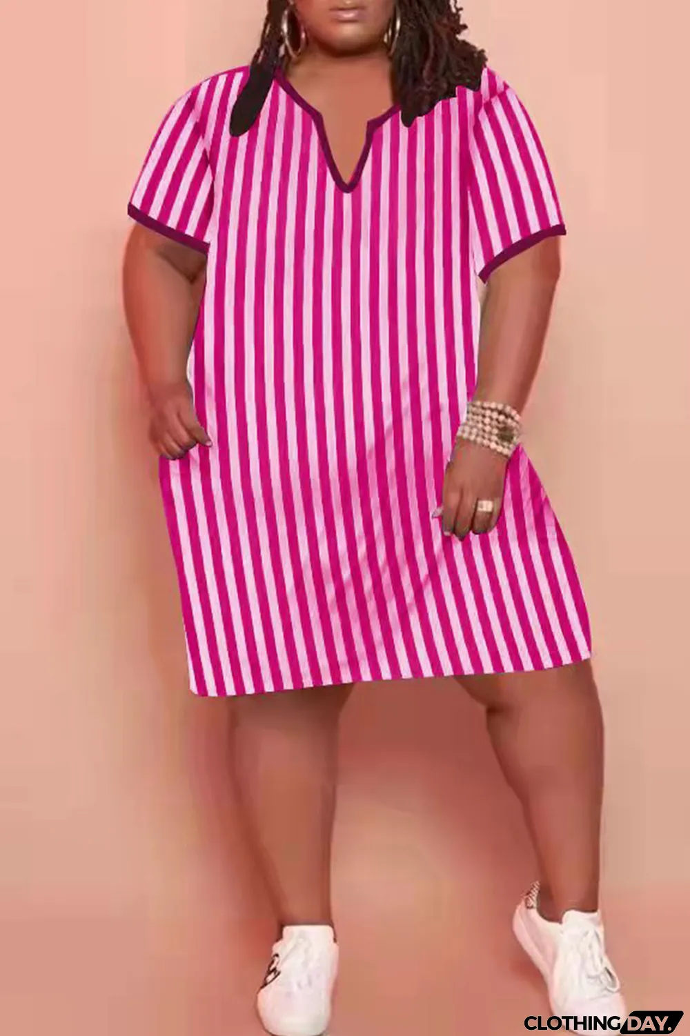 Light Blue Fashion Casual Plus Size Striped Print Split Joint V Neck Short Sleeve Dress