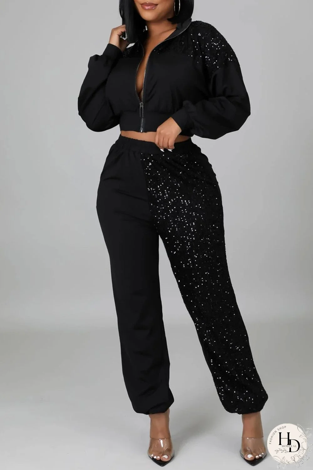 Black Fashion Casual Patchwork Sequins Zipper Collar Long Sleeve Two Pieces