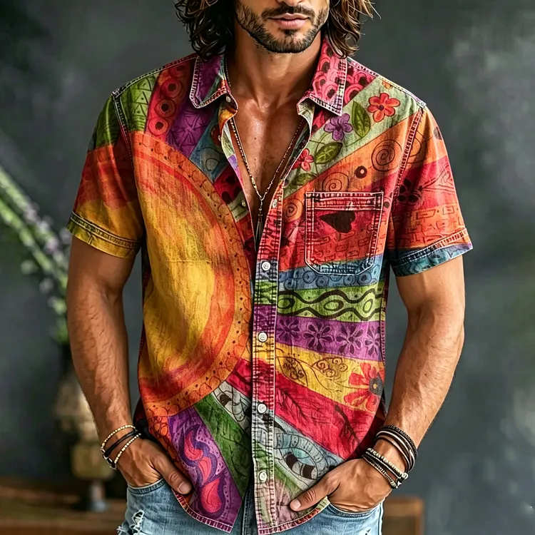 Vintage Sun Color Block Art Print Casual Pocket Shirt