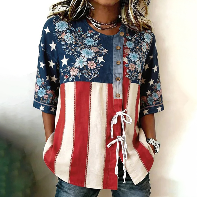  Women's Independence Day Flag Floral Print Linen Shirt Westsshops