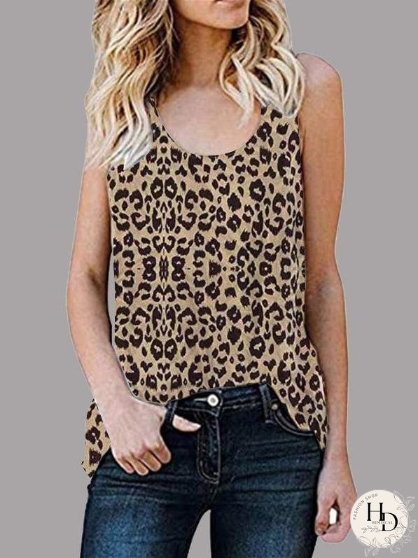 Casual Sleeveless Round Neck Leopard Vest