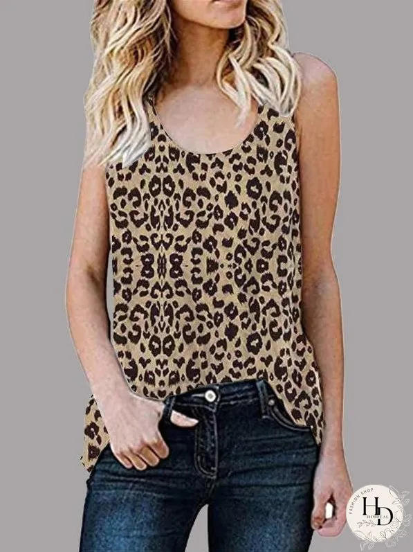 Casual Sleeveless Round Neck Leopard Vest