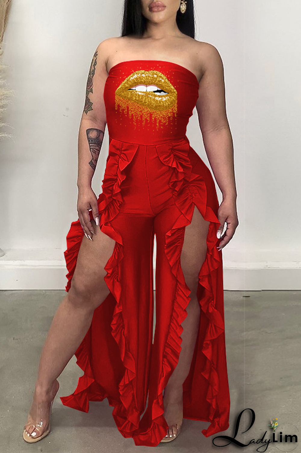 Black Sexy Print Flounce Strapless Boot Cut Jumpsuits