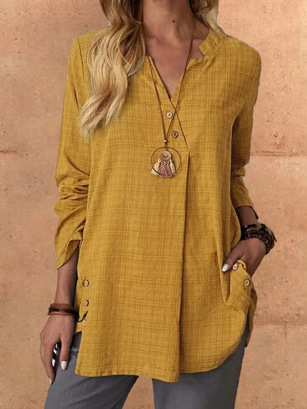 Women's Cotton Linen Solid Color Casual Comfortable Simple Loose Long Sleeve Shirt