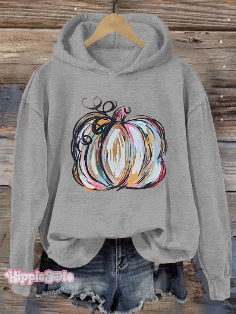 Women&rsquo;s Watercolor Pumpkin Thanksgiving&Halloween Print Hoodie Light Grey / S