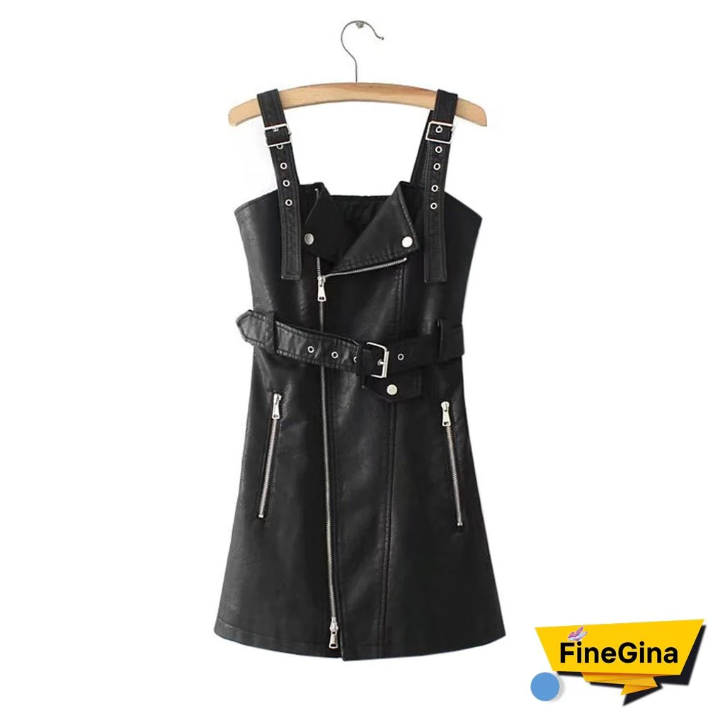 Chic Faux Leather Overall Jumper Skirt Dress