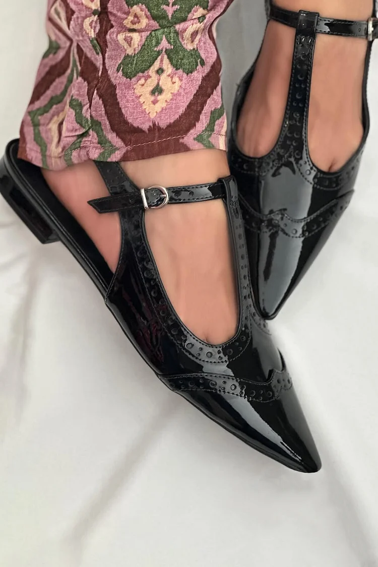 Solid Color T-Strap Buckle Pointed Toe Slingback Black Flats [Pre Order]