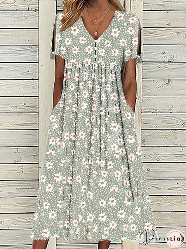 Casual Dress Summer Dress Print Dress Floral Button Pocket V Neck Midi Dress Active Fashion Outdoor Date Short Sleeve Regular Fit Green Summer Spring S M L XL XXL for Women