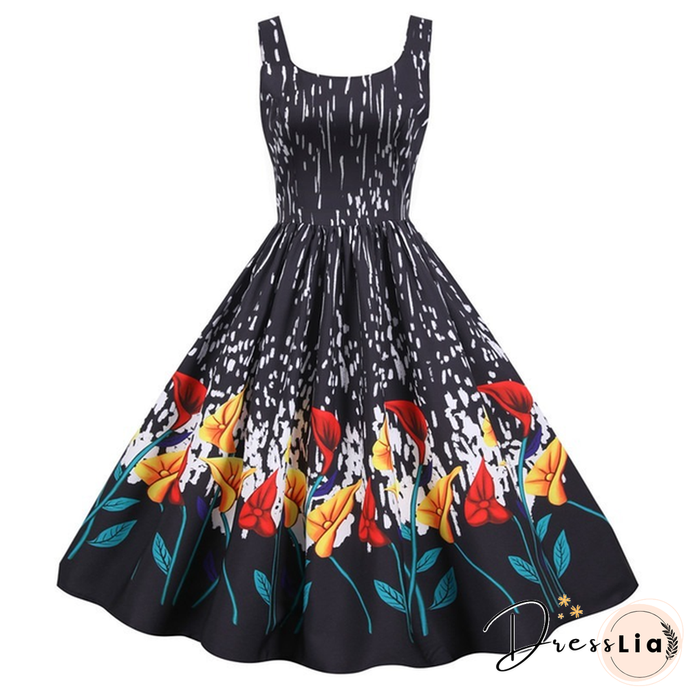 Sweet Heart Print Swing Vintage Women Summer Dress Sexy Halter Retro Rockabilly Rave Party
