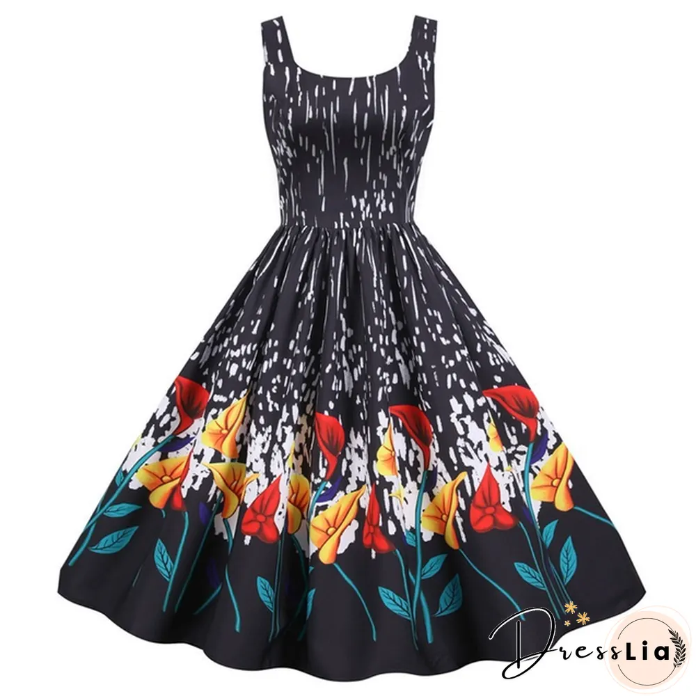 Sweet Heart Print Swing Vintage Women Summer Dress Sexy Halter Retro Rockabilly Rave Party