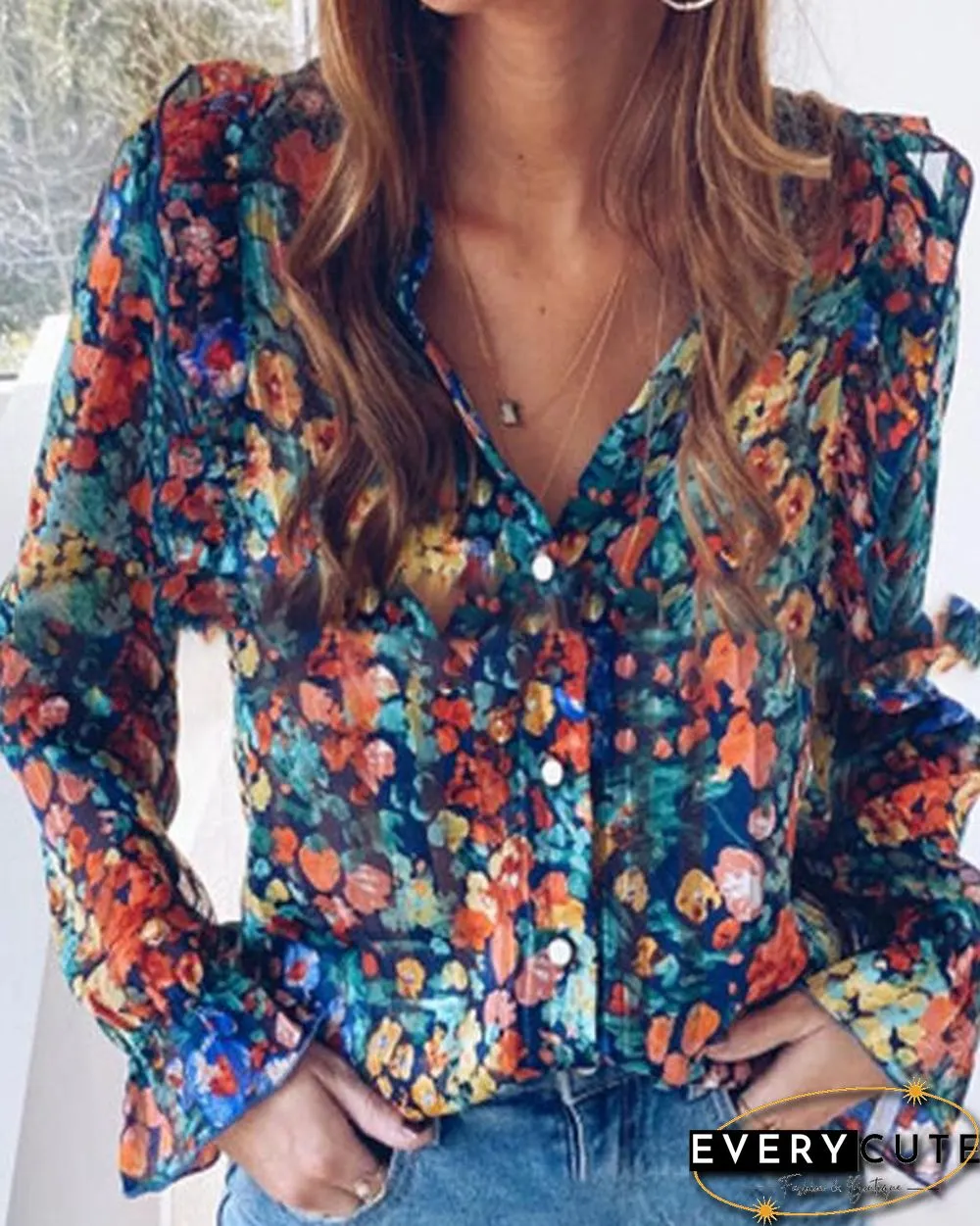 Plus Size Floral Print Casual Shirts Blouses