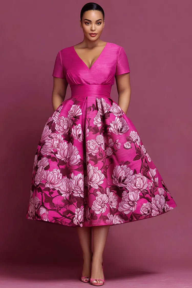 Xpluswear Design Plus Size Cocktail Party Hot Pink Floral V Neck Short Sleeve Pocket Satin Midi Dresses [Pre-Order] 2024 - Xpluswear