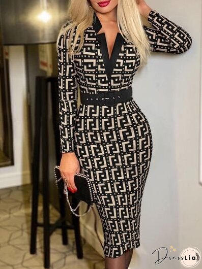 Printed Notched Long Sleeve Wrap Dress