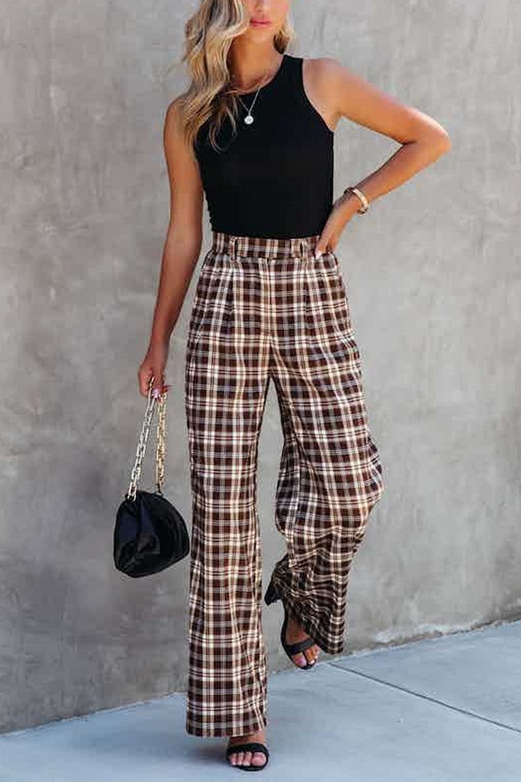 Fashion Plaid Straight High Waist Wide Leg Bottoms - Life is Beautiful for You - SheChoic
