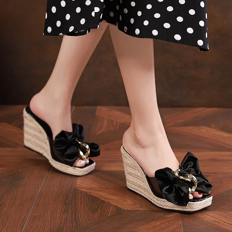 Wongn Wongn Style Summer Square Head Slope With Thick Bottom High Heel Slippers Female Bowknot Flower Glass Glue Sandals