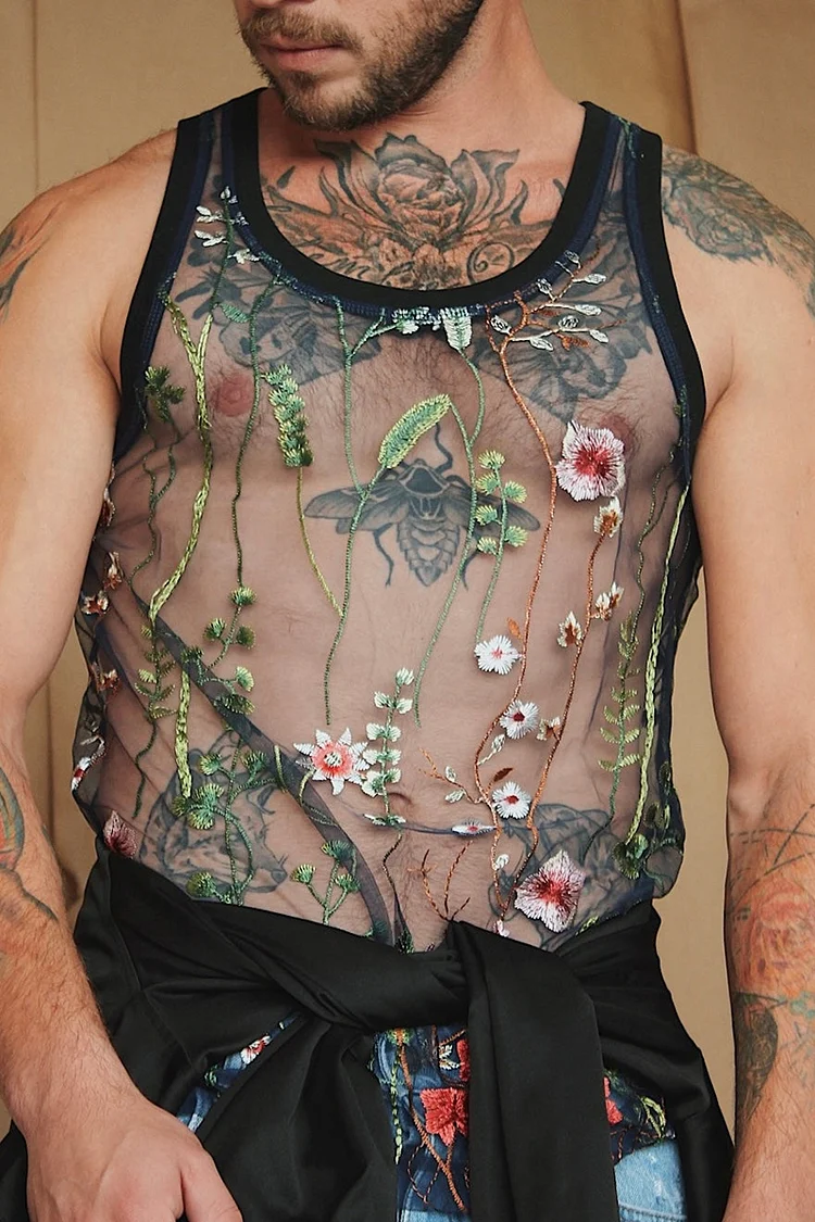 Men's See Through Floral Embroidery Mesh Tank Top