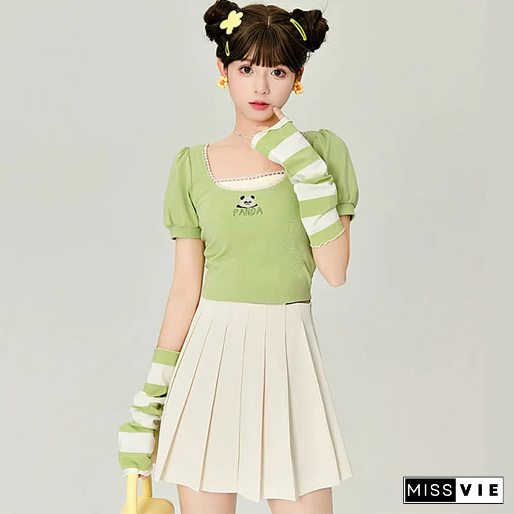 Cartoon Panda Embroidery Square Collar T-Shirt Overalls Shorts