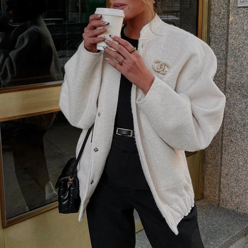 Uveng Uveng New Women's Casual Color Collar Single Buckle Large Pocket Loose Comfortable Long-Sleeved Jacket