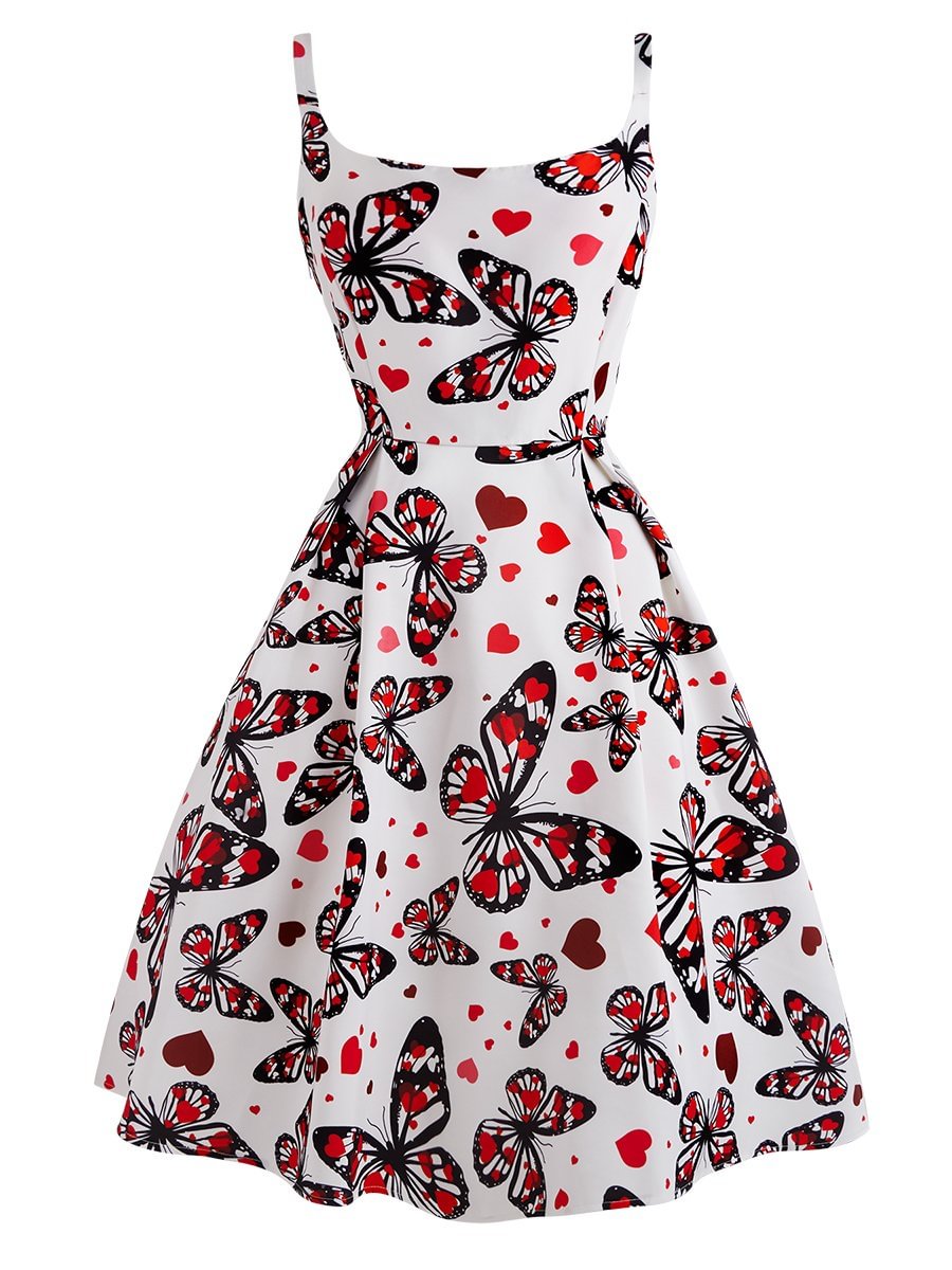 1950s Vintage Slip Dress Square Collar Butterfly Pattern Dress