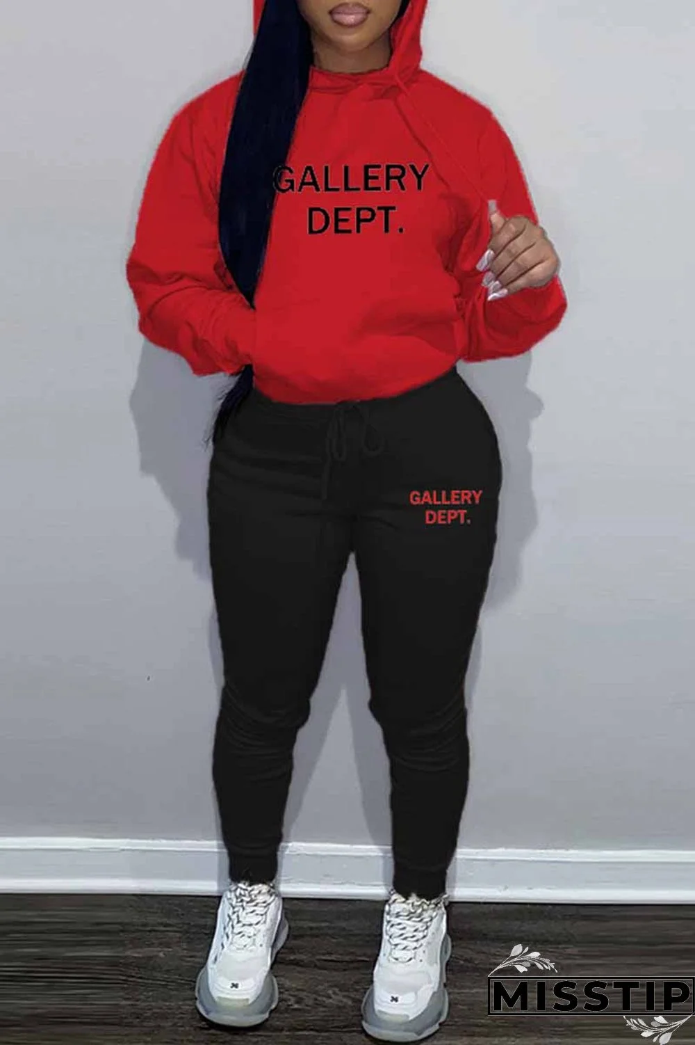 Red Street Print Letter Hooded Collar Long Sleeve Two Pieces