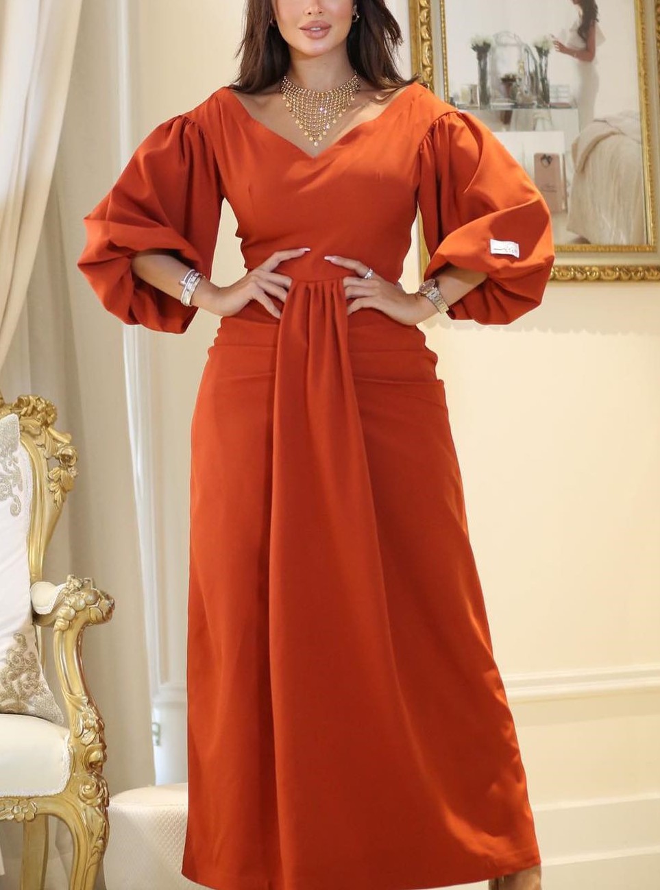Women's V Neck High Waist Lantern Sleeve Dress | Oxredo Shop Ramadan Sale