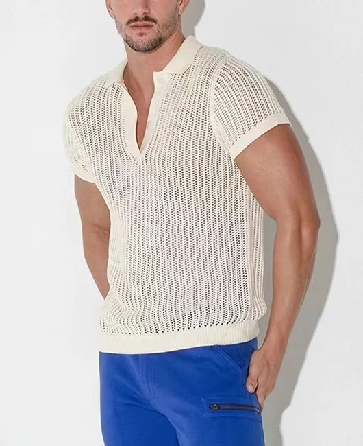 Vacation Hollow Lapel Collar Short Sleeve Knitted Polo Shirt 
