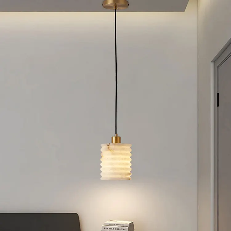 Traditional Chinese Marble Brass Cylinder Multi Layers 1-Light Pendant Light For Bedside