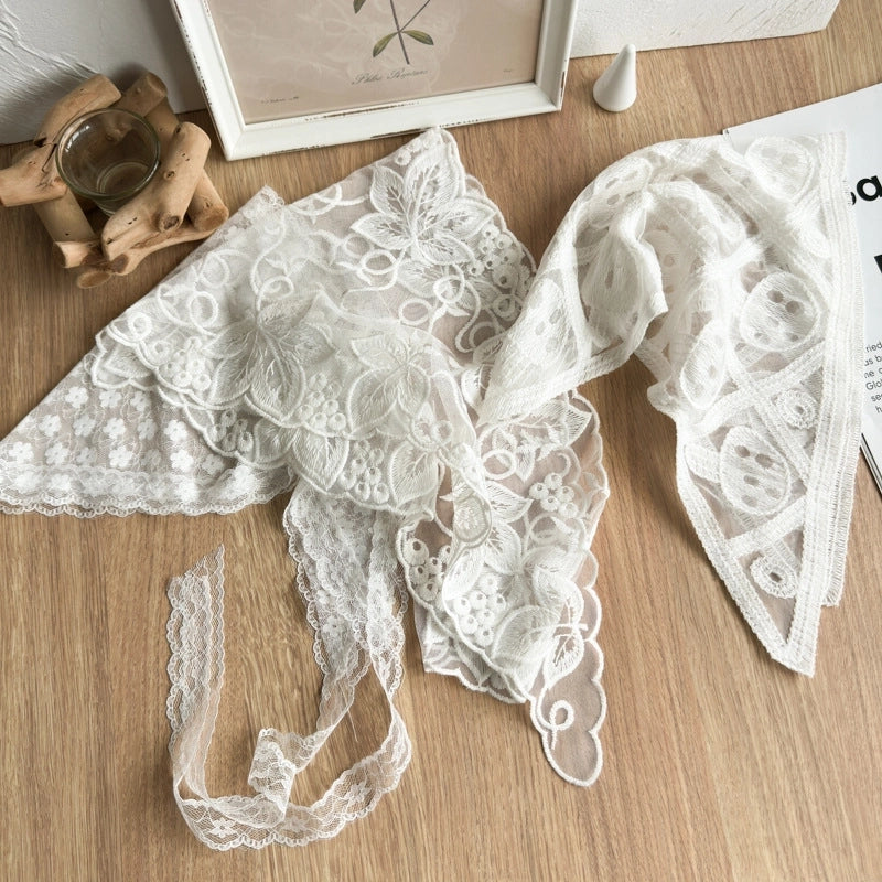 White Lace Flower Triangular Binder Bandana Headband Spring Atmosphere Photo Tied Hair Scarf 2024
