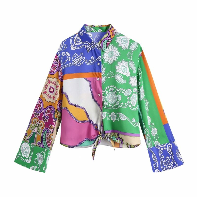 Stylish Chic Patchwork Print Shorts Sets Women 2021 Fashion Bow Tie Cropped Shirts Drawstring Elastic Waist Shorts Casual Sets