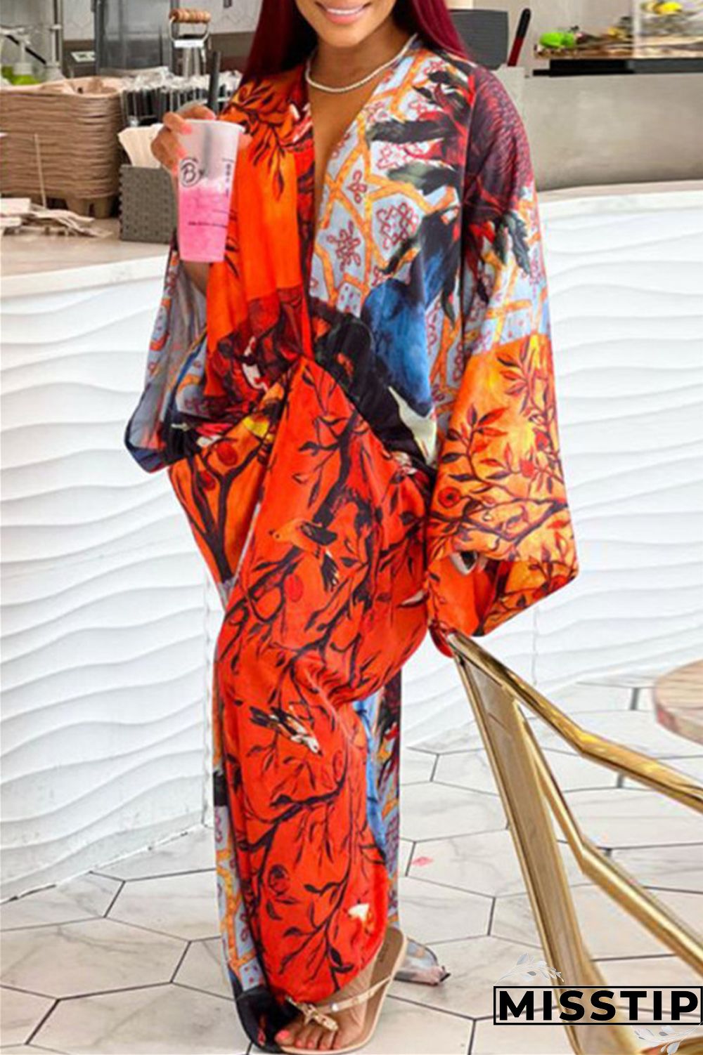 Red Gray Casual Print Patchwork V Neck Irregular Dress Plus Size Dresses