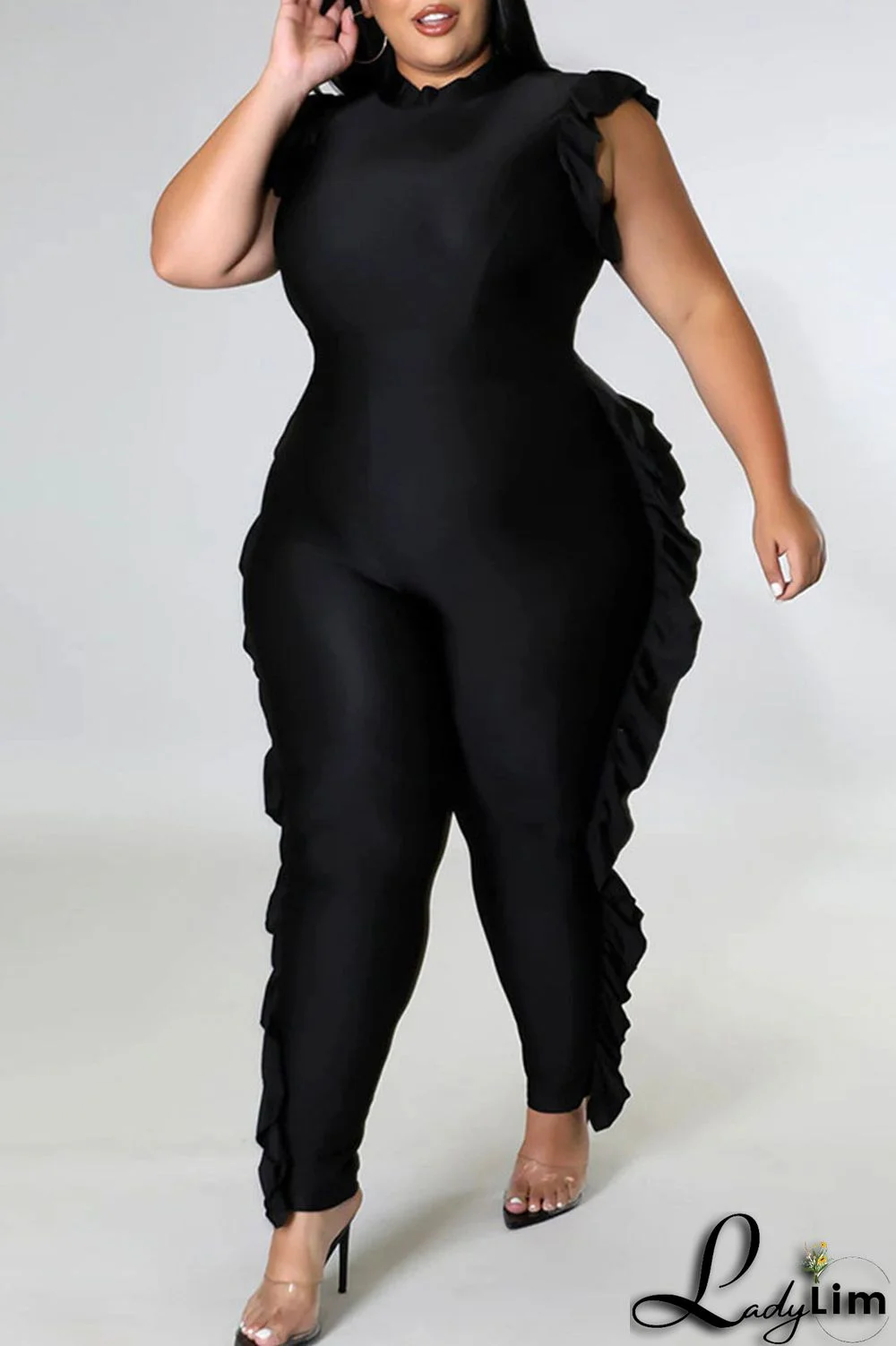 Black Casual Solid Split Joint Stringy Selvedge O Neck Plus Size Jumpsuits