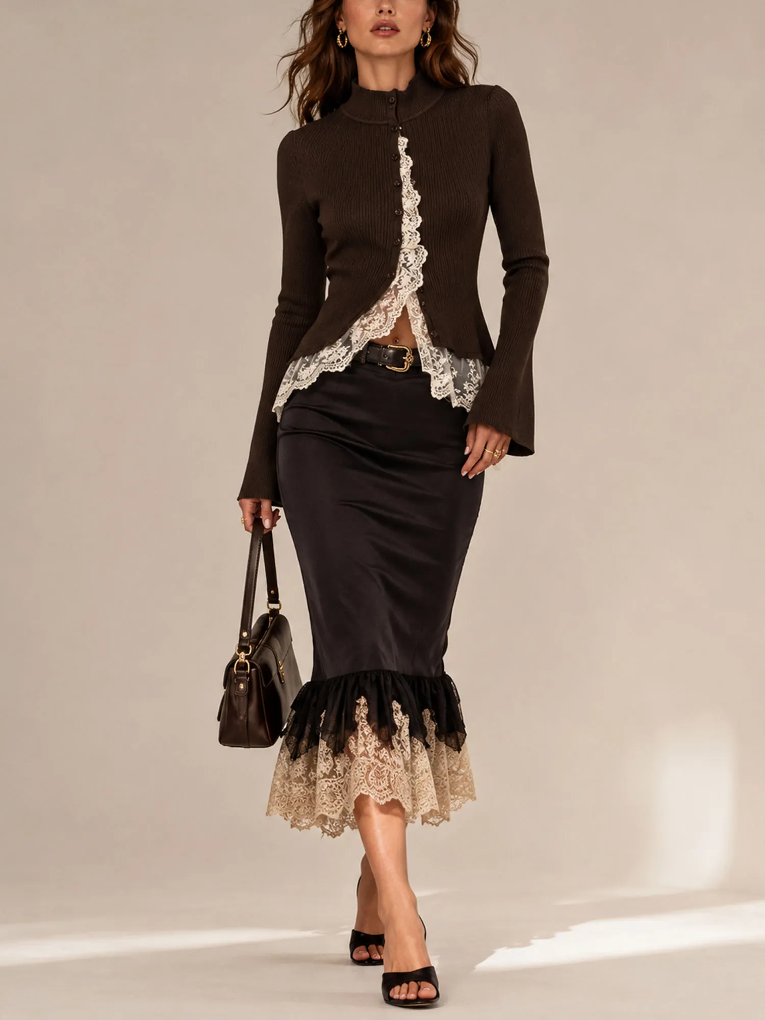Ideal for a Romantic Spring Date &mdash; 2026 Chocolate Antique Lace Premium Knit Cardigan Skirt Set