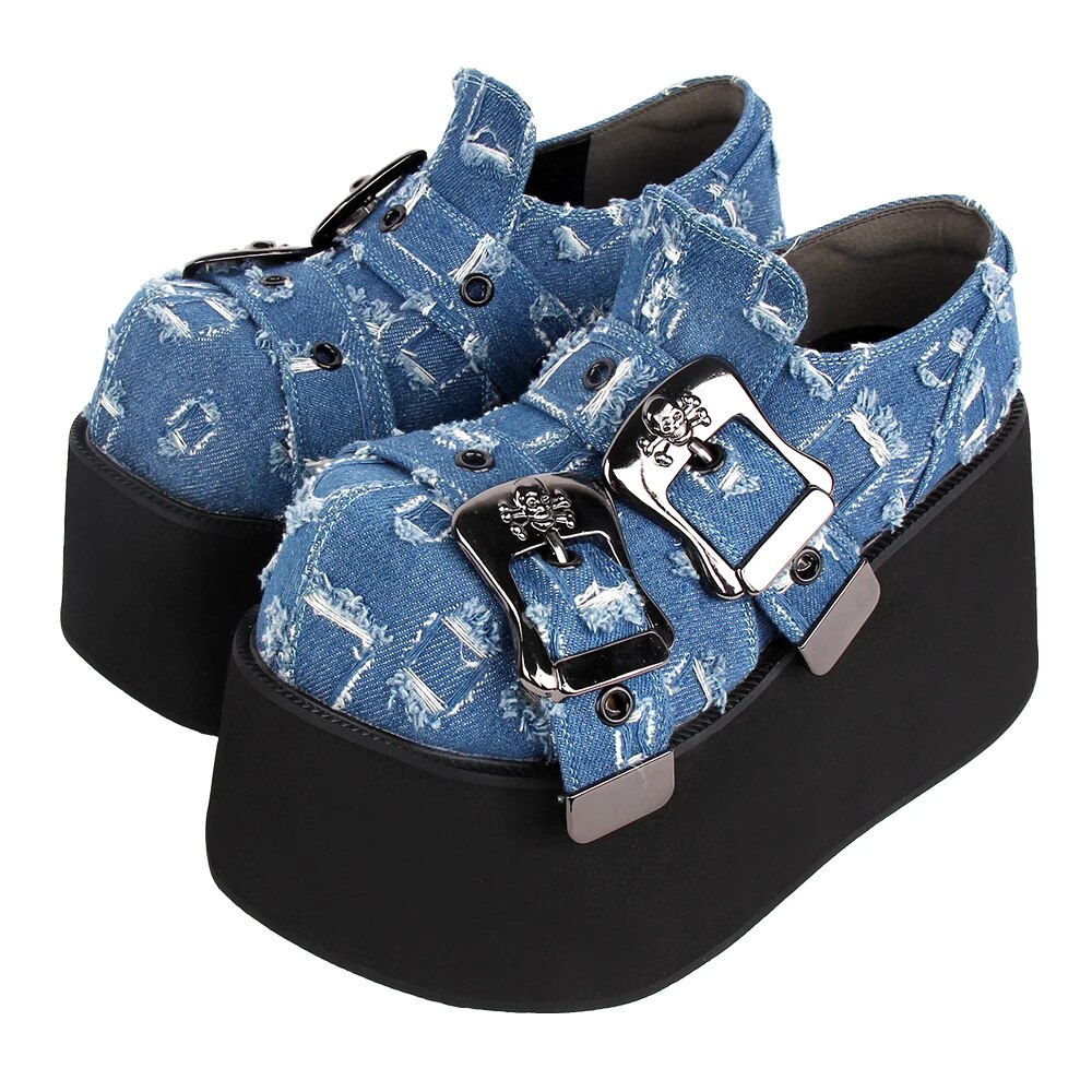 TAAFO Woman Gothic Street Denim Shoes Lady High Heels Wedges Pumps Women Party Dark Shoes Platform Shoes 33-41