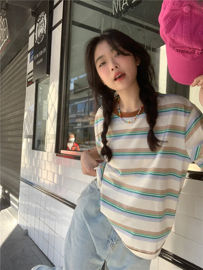 Brownm Brownm Striped Round Collar Short-Sleeved T-Shirt New 2024 Women's Summer Korean Version Loose Show Slim Student Top Tide