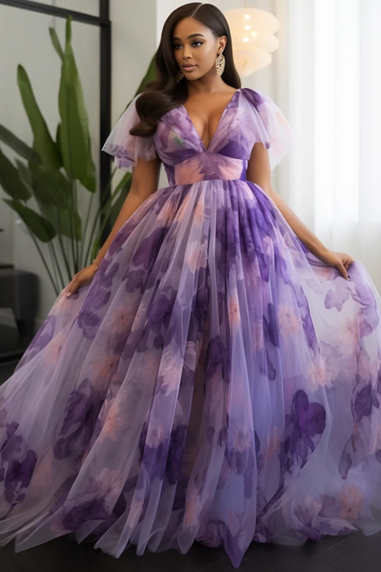 Xpluswear Design Plus Size Wedding Guest Purple Floral V Neck Short Sleeve Tulle Maxi Dresses [Pre-Order] 2024 - Xpluswear