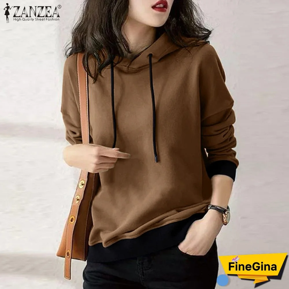 Zanzea Korean Fashion Solid Loose Hooded Sweatshirts Sports Sweatshirt Pullovers Women Casual Hoodies