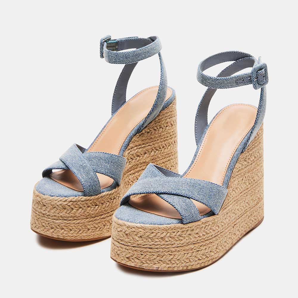 Denim Open Toe Ankle Strap Platform Espadrille Sandals with Wedges Nicepairs