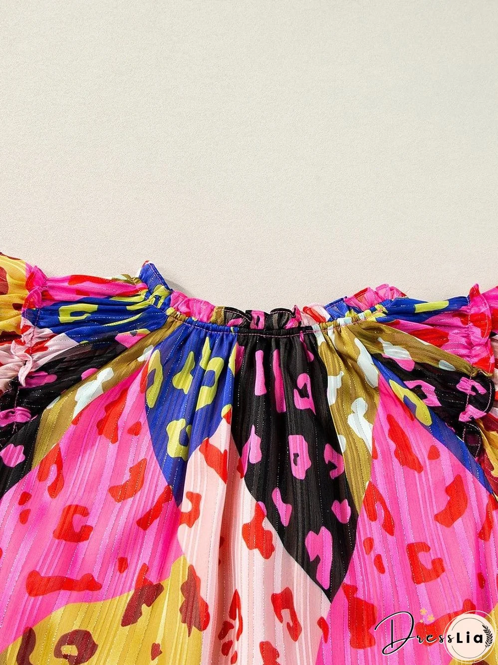 Rose Patchwork Leopard Print Ruffle Sleeve V Neck Blouse