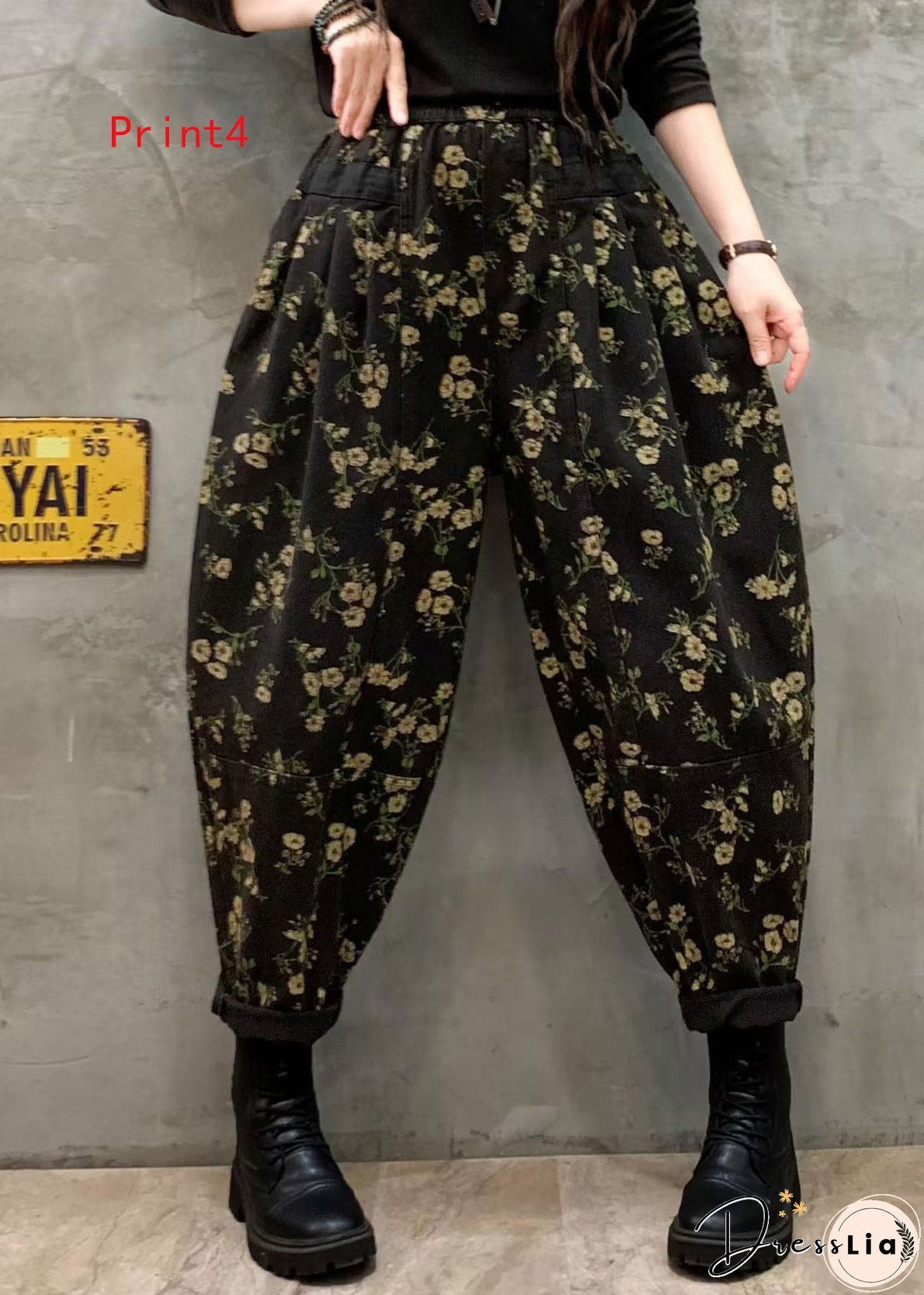 Vintage Floral Print Elastic Waist Denim Harlan Pants Autumn